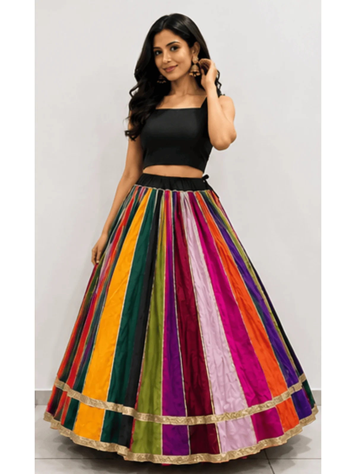 72 Kali Multi Color Cotton Chaniya with Black Blouse Piece and Golden Lampi Border