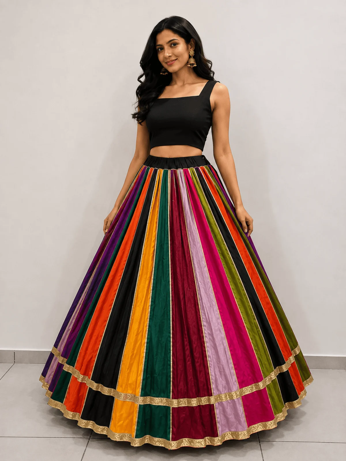 72 Kali Multi Color Cotton Chaniya with Black Blouse Piece and Golden Lampi Border