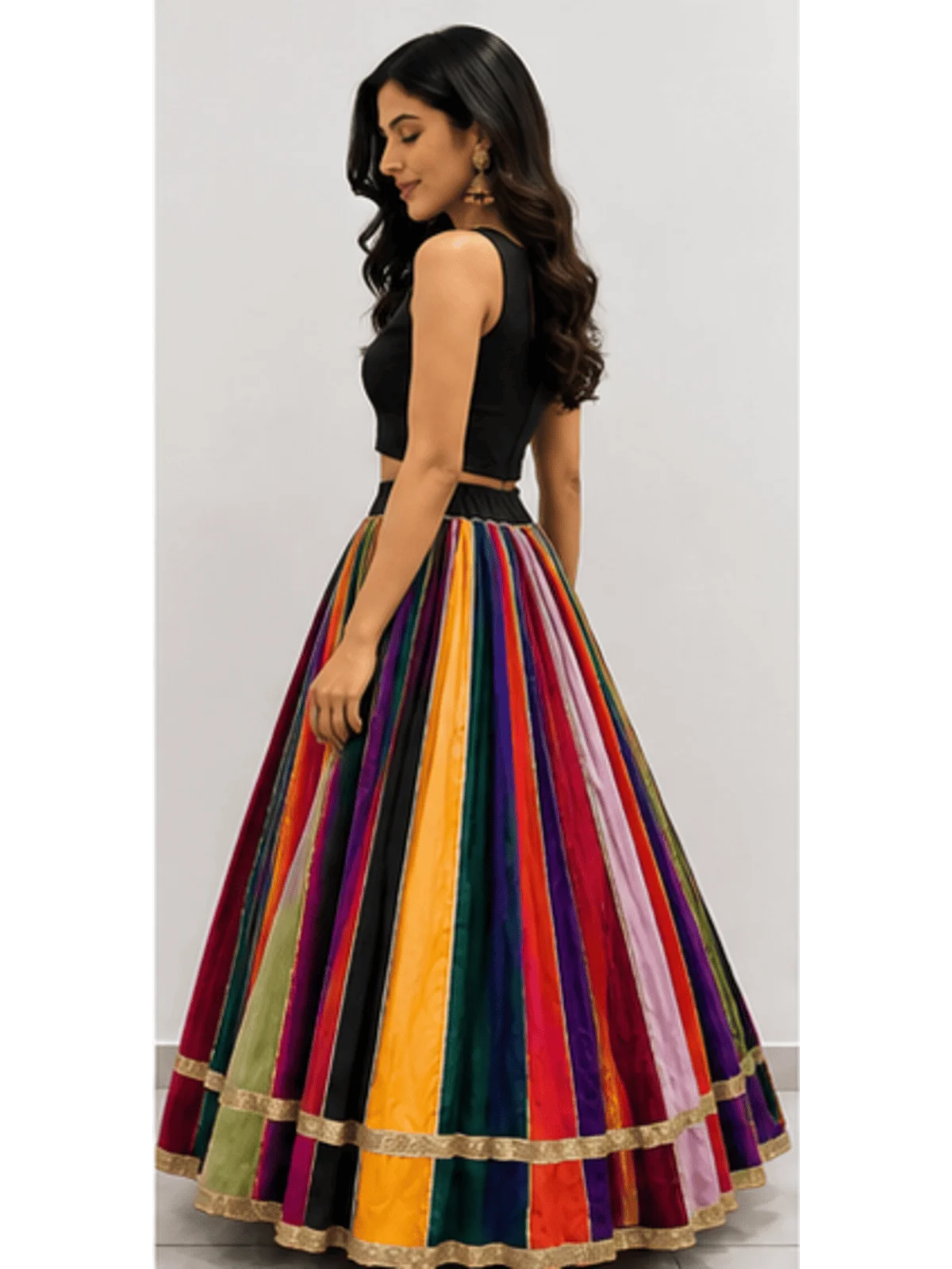 72 Kali Multi Color Cotton Chaniya with Black Blouse Piece and Golden Lampi Border