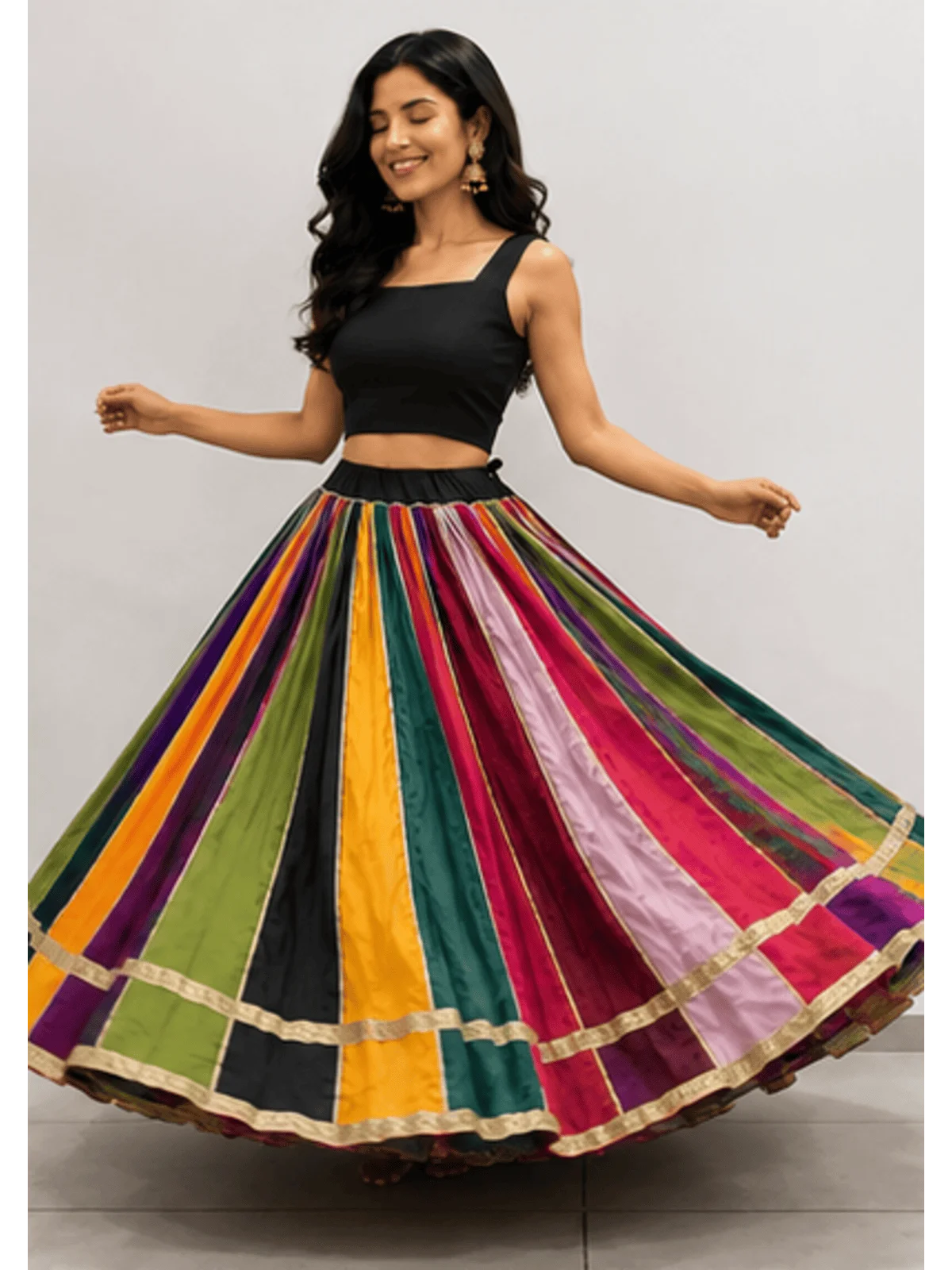 72 Kali Multi Color Cotton Chaniya with Black Blouse Piece and Golden Lampi Border