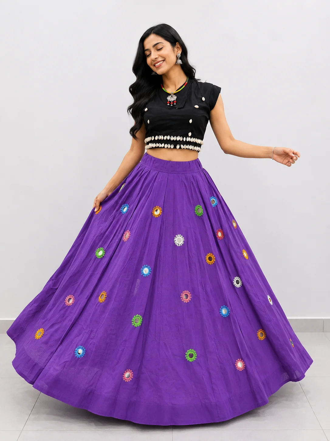 Flower Handwork Mirror design Chaniya Lehenga