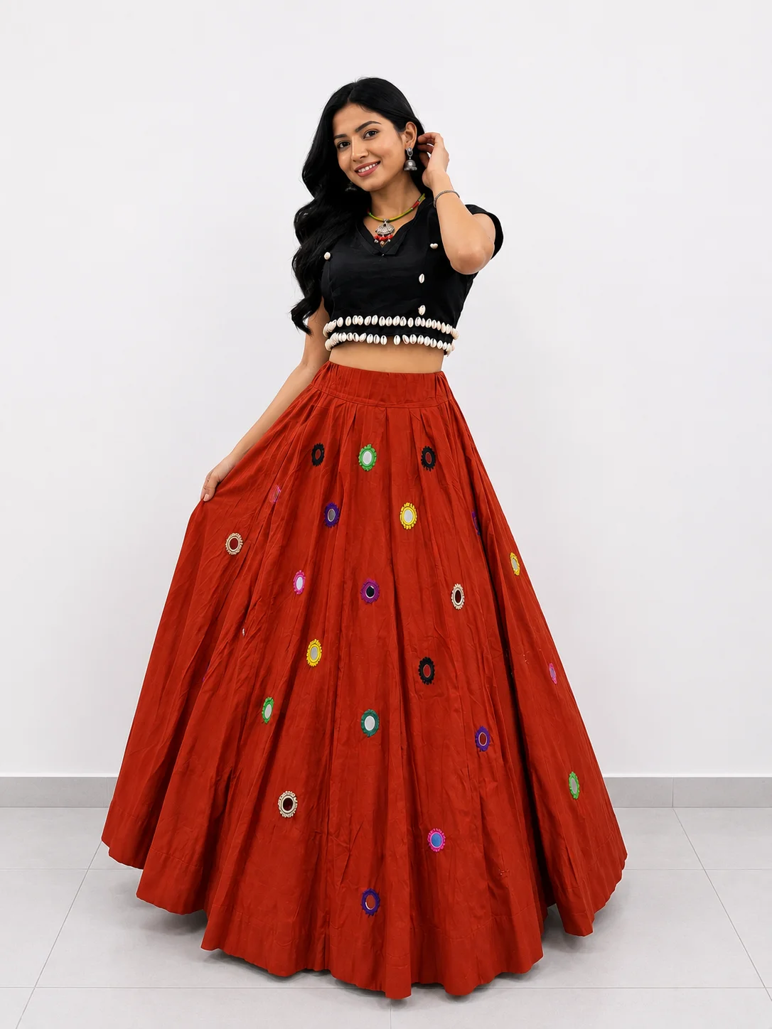 Flower Handwork Mirror design Chaniya Lehenga