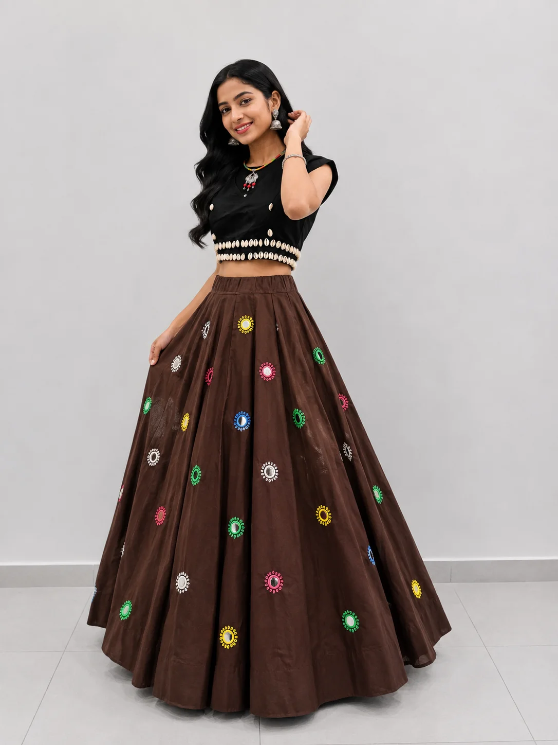 Flower Handwork Mirror design Chaniya Lehenga