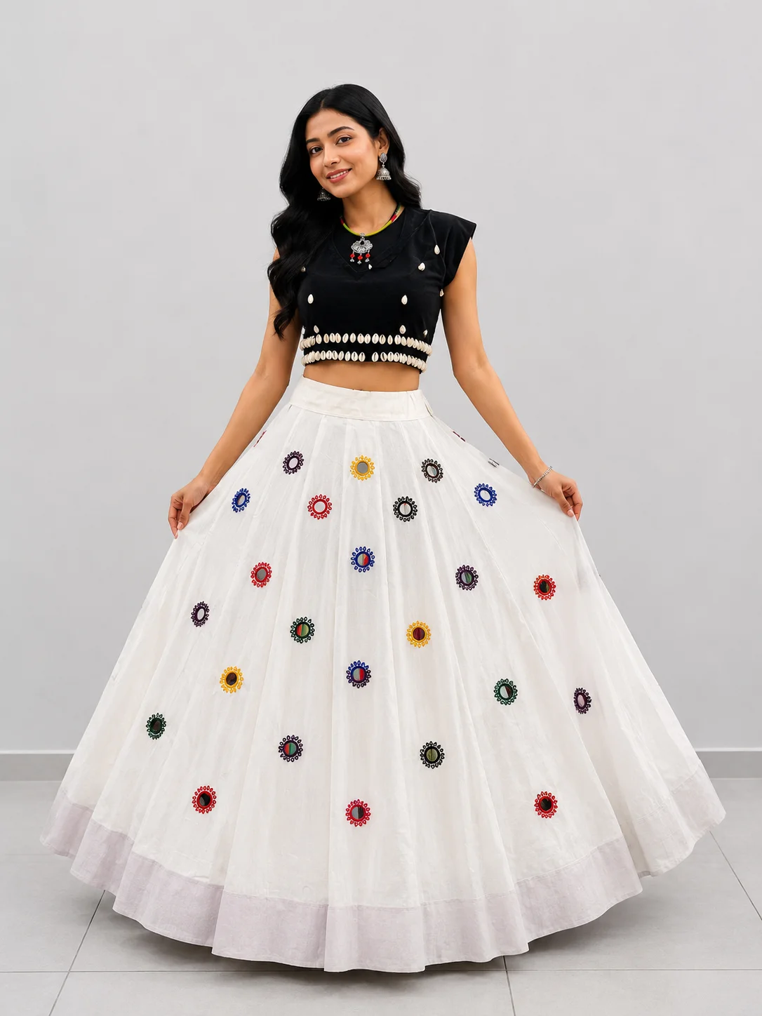 Flower Handwork Mirror design Chaniya Lehenga