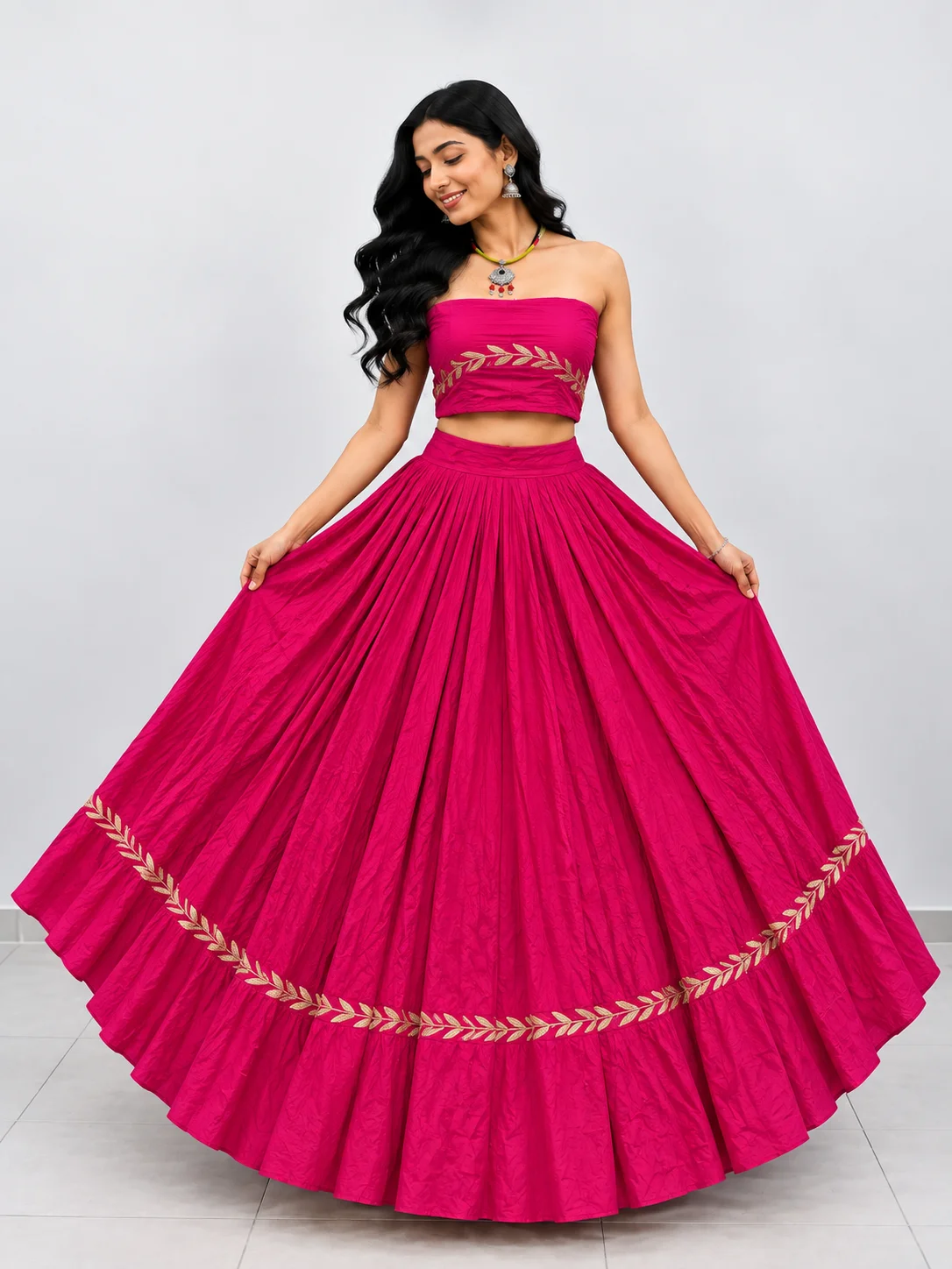Tulsi Patra Chaniya with Blouse Piece - Purple | Black | Red Orange | Rani | White